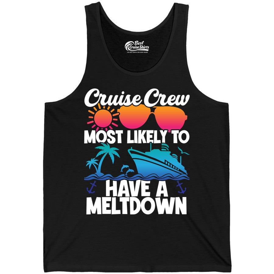 Cruise Crew Shirt - Funny Cruise Meltdown Apparel for Vacations (Tank Top) in Black - Cruise Crew Meltdown Shirt - Funny Tropical Sunset Ship Design