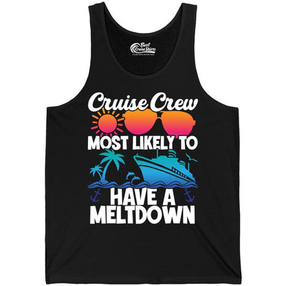 Cruise Crew Shirt - Funny Cruise Meltdown Apparel for Vacations (Tank Top) in Black - Cruise Crew Meltdown Shirt - Funny Tropical Sunset Ship Design