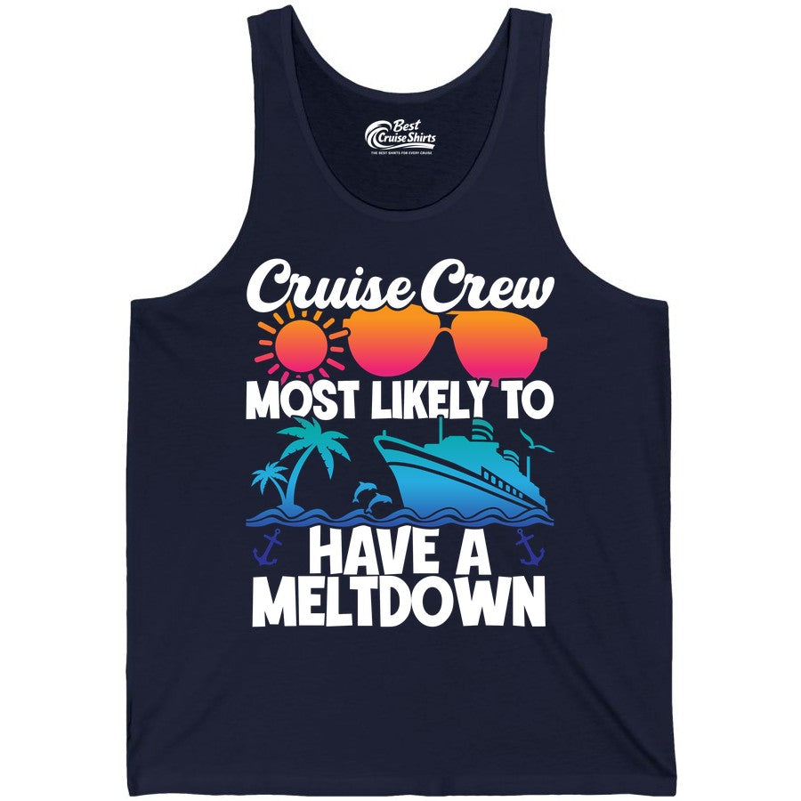 Cruise Crew Shirt - Funny Cruise Meltdown Apparel for Vacations (Tank Top) in Navy - Cruise Crew Meltdown Shirt - Funny Tropical Sunset Ship Design