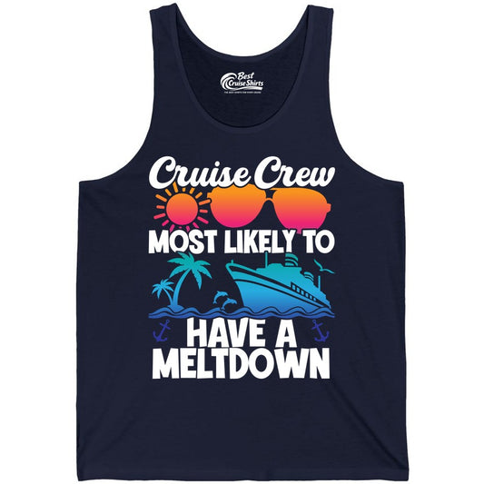 Cruise Crew Shirt - Funny Cruise Meltdown Apparel for Vacations (Tank Top) in Navy - Cruise Crew Meltdown Shirt - Funny Tropical Sunset Ship Design
