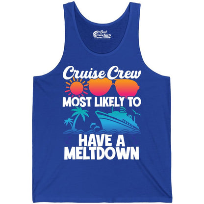 Cruise Crew Shirt - Funny Cruise Meltdown Apparel for Vacations (Tank Top) in True Royal - Cruise Crew Meltdown Shirt - Funny Tropical Sunset Ship Design