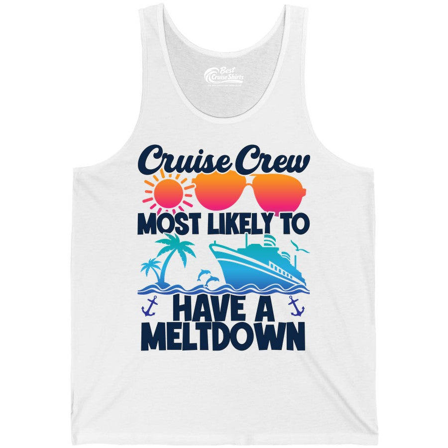 Cruise Crew Shirt - Funny Cruise Meltdown Apparel for Vacations (Tank Top) in White - Cruise Crew Meltdown Shirt - Funny Tropical Sunset Ship Design