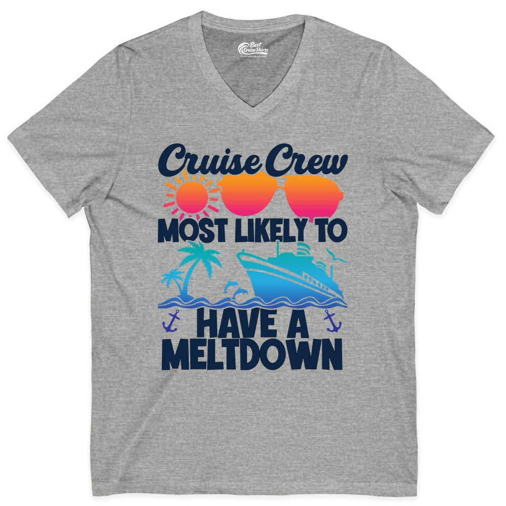 Cruise Crew Shirt - Funny Cruise Meltdown Apparel for Vacations (V-Neck) in Athletic Heather - Cruise Crew Meltdown Shirt - Funny Tropical Sunset Ship Design