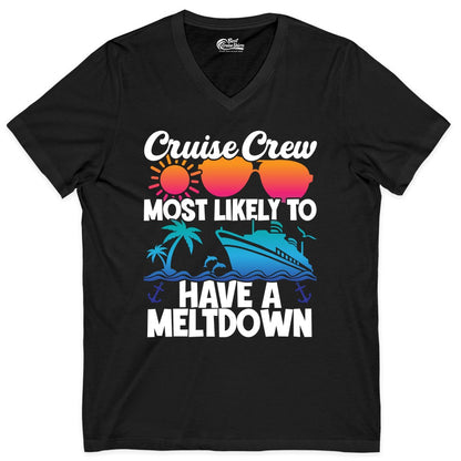 Cruise Crew Shirt - Funny Cruise Meltdown Apparel for Vacations (V-Neck) in Black - Cruise Crew Meltdown Shirt - Funny Tropical Sunset Ship Design