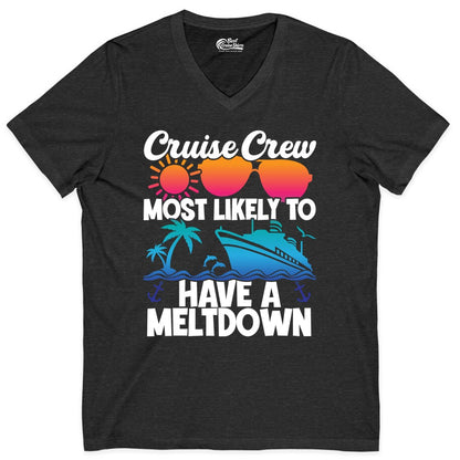 Cruise Crew Shirt - Funny Cruise Meltdown Apparel for Vacations (V-Neck) in Dark Grey Heather - Cruise Crew Meltdown Shirt - Funny Tropical Sunset Ship Design