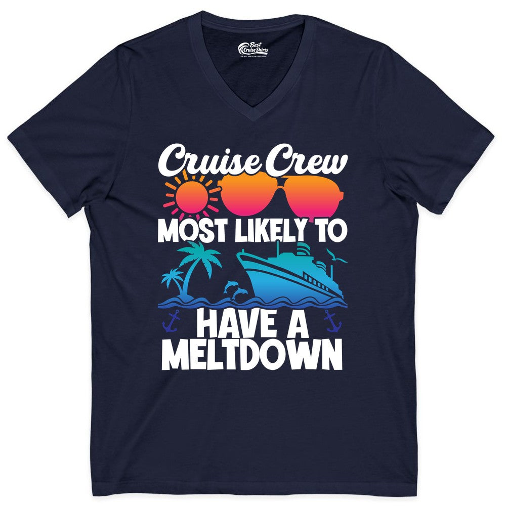 Cruise Crew Shirt - Funny Cruise Meltdown Apparel for Vacations (V-Neck) in Navy - Cruise Crew Meltdown Shirt - Funny Tropical Sunset Ship Design