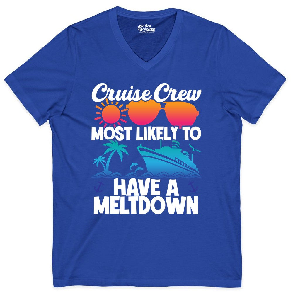 Cruise Crew Shirt - Funny Cruise Meltdown Apparel for Vacations (V-Neck) in True Royal - Cruise Crew Meltdown Shirt - Funny Tropical Sunset Ship Design