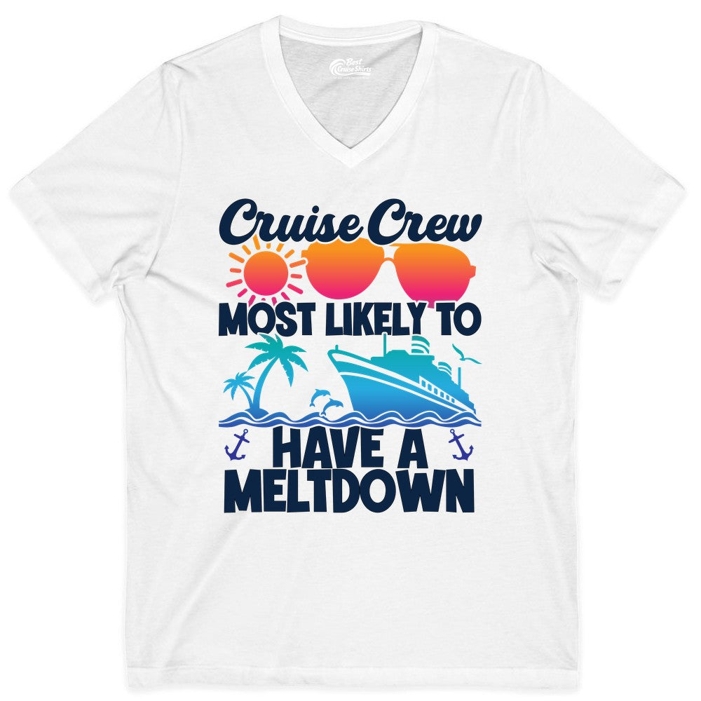 Cruise Crew Shirt - Funny Cruise Meltdown Apparel for Vacations (V-Neck) in White - Cruise Crew Meltdown Shirt - Funny Tropical Sunset Ship Design
