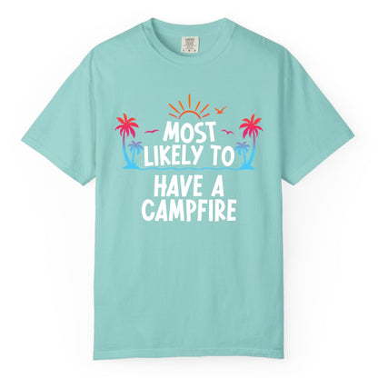 Most Likely to Have a Campfire Shirt - Tropical Camping Tee (Comfort Color) in Chalky Mint - Most Likely to Have a Campfire Tropical Sunset Palm Trees Shirt
