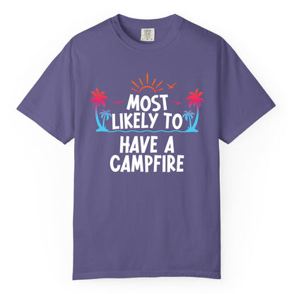 Most Likely to Have a Campfire Shirt - Tropical Camping Tee (Comfort Color) in Grape - Most Likely to Have a Campfire Tropical Sunset Palm Trees Shirt