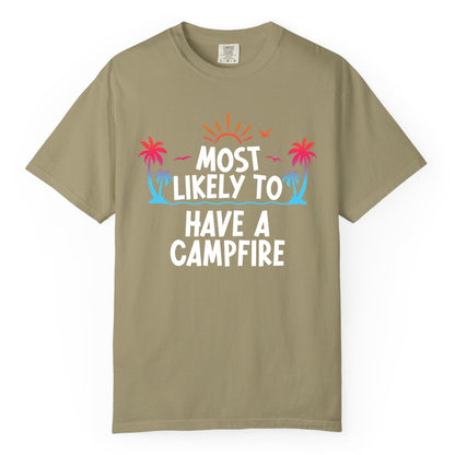 Most Likely to Have a Campfire Shirt - Tropical Camping Tee (Comfort Color) in Khaki - Most Likely to Have a Campfire Tropical Sunset Palm Trees Shirt