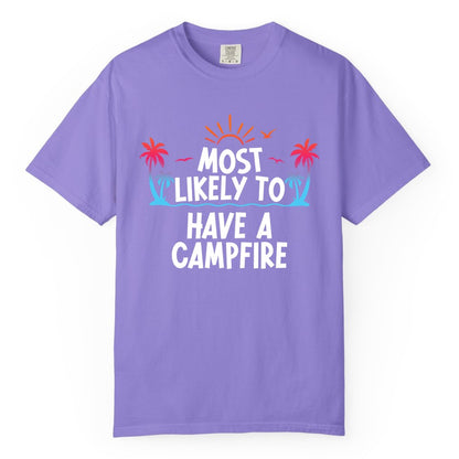 Most Likely to Have a Campfire Shirt - Tropical Camping Tee (Comfort Color) in Violet - Most Likely to Have a Campfire Tropical Sunset Palm Trees Shirt