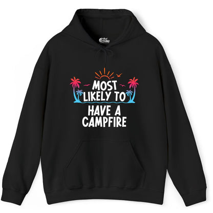 Most Likely to Have a Campfire Shirt - Tropical Camping Tee (Hoodie) in Black - Most Likely to Have a Campfire Tropical Sunset Palm Trees Shirt
