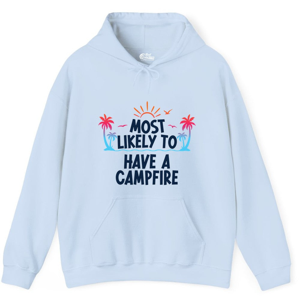 Most Likely to Have a Campfire Shirt - Tropical Camping Tee (Hoodie) in Light Blue - Most Likely to Have a Campfire Tropical Sunset Palm Trees Shirt
