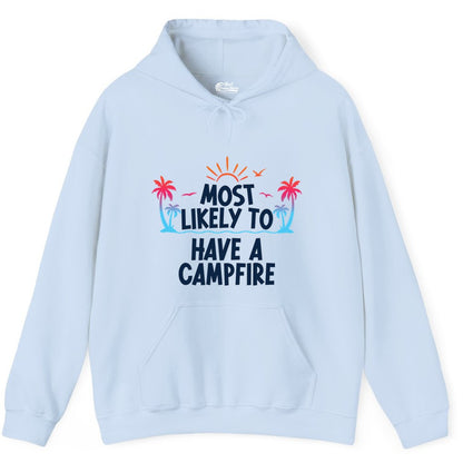 Most Likely to Have a Campfire Shirt - Tropical Camping Tee (Hoodie) in Light Blue - Most Likely to Have a Campfire Tropical Sunset Palm Trees Shirt