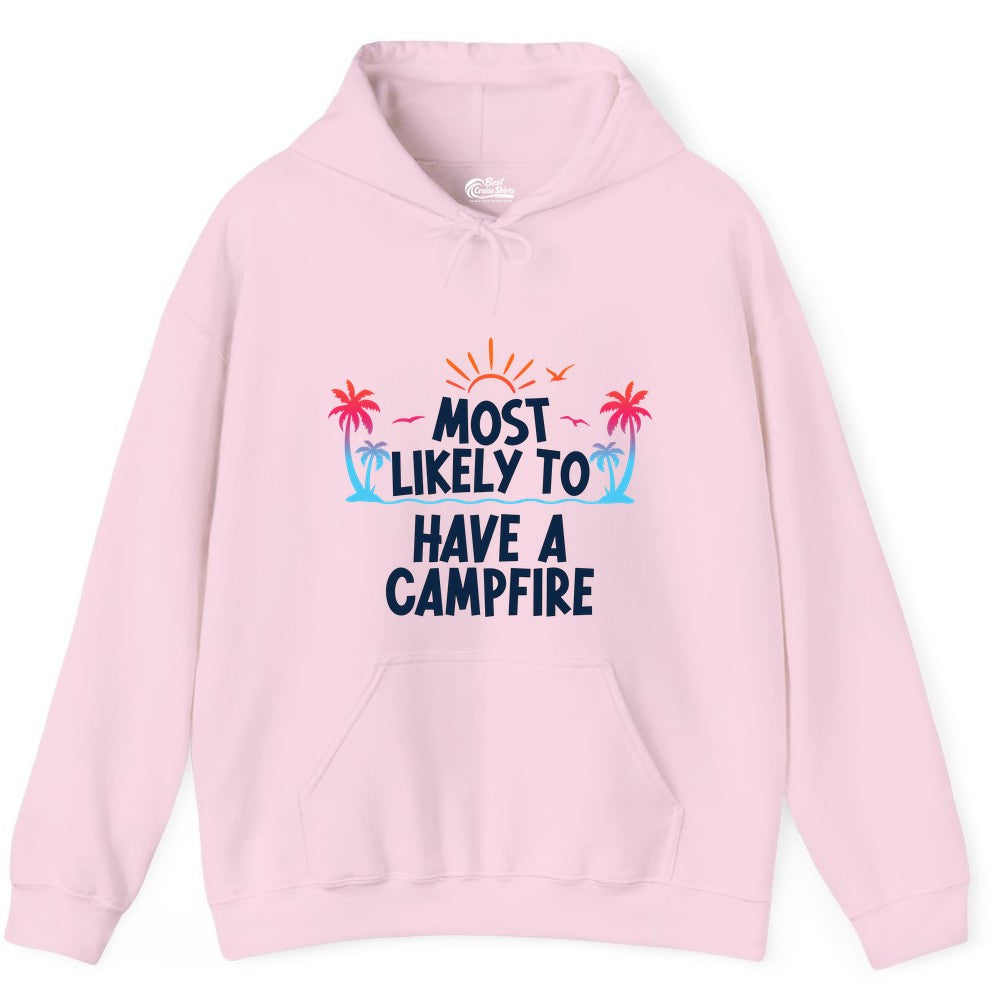 Most Likely to Have a Campfire Shirt - Tropical Camping Tee (Hoodie) in Light Pink - Most Likely to Have a Campfire Tropical Sunset Palm Trees Shirt