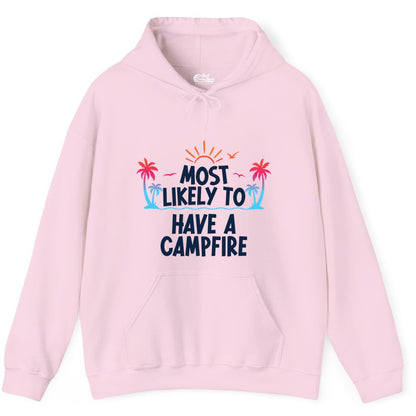 Most Likely to Have a Campfire Shirt - Tropical Camping Tee (Hoodie) in Light Pink - Most Likely to Have a Campfire Tropical Sunset Palm Trees Shirt