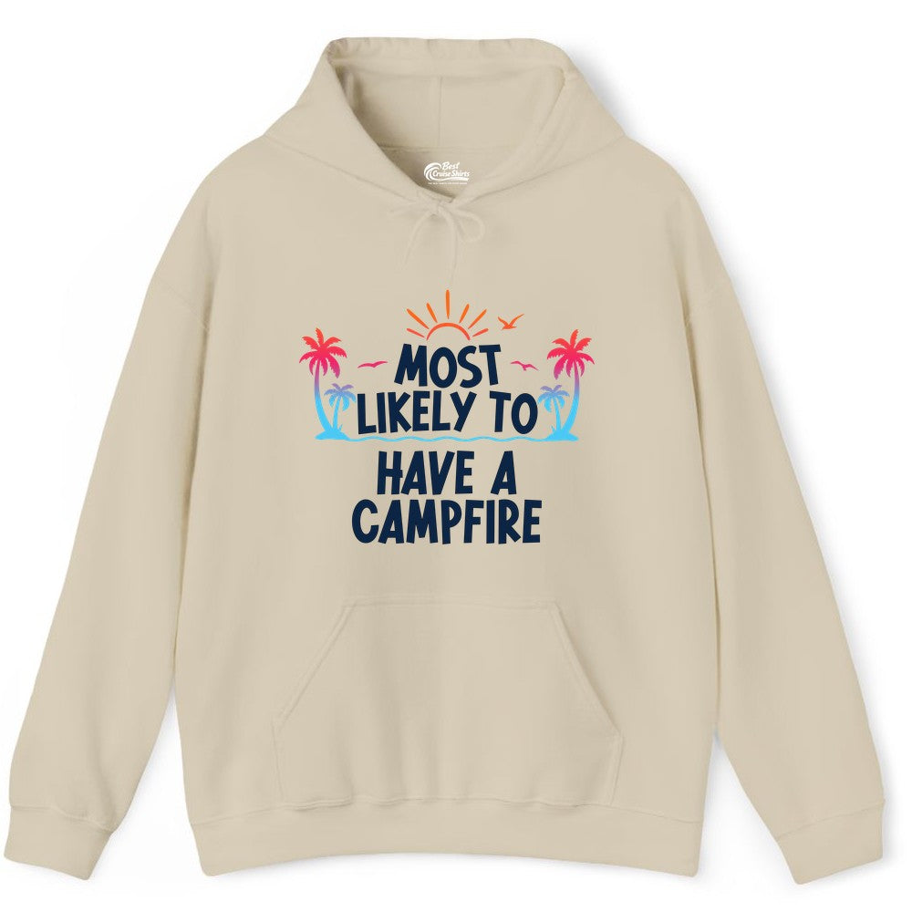 Most Likely to Have a Campfire Shirt - Tropical Camping Tee (Hoodie) in Sand - Most Likely to Have a Campfire Tropical Sunset Palm Trees Shirt