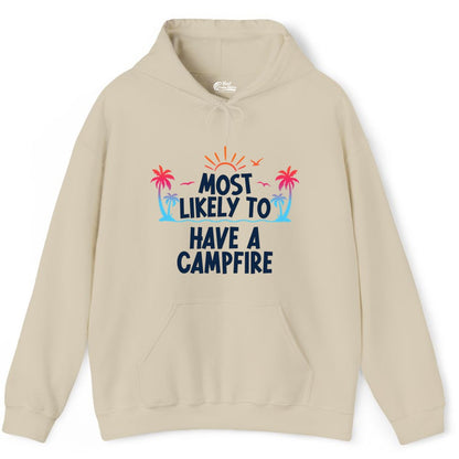 Most Likely to Have a Campfire Shirt - Tropical Camping Tee (Hoodie) in Sand - Most Likely to Have a Campfire Tropical Sunset Palm Trees Shirt
