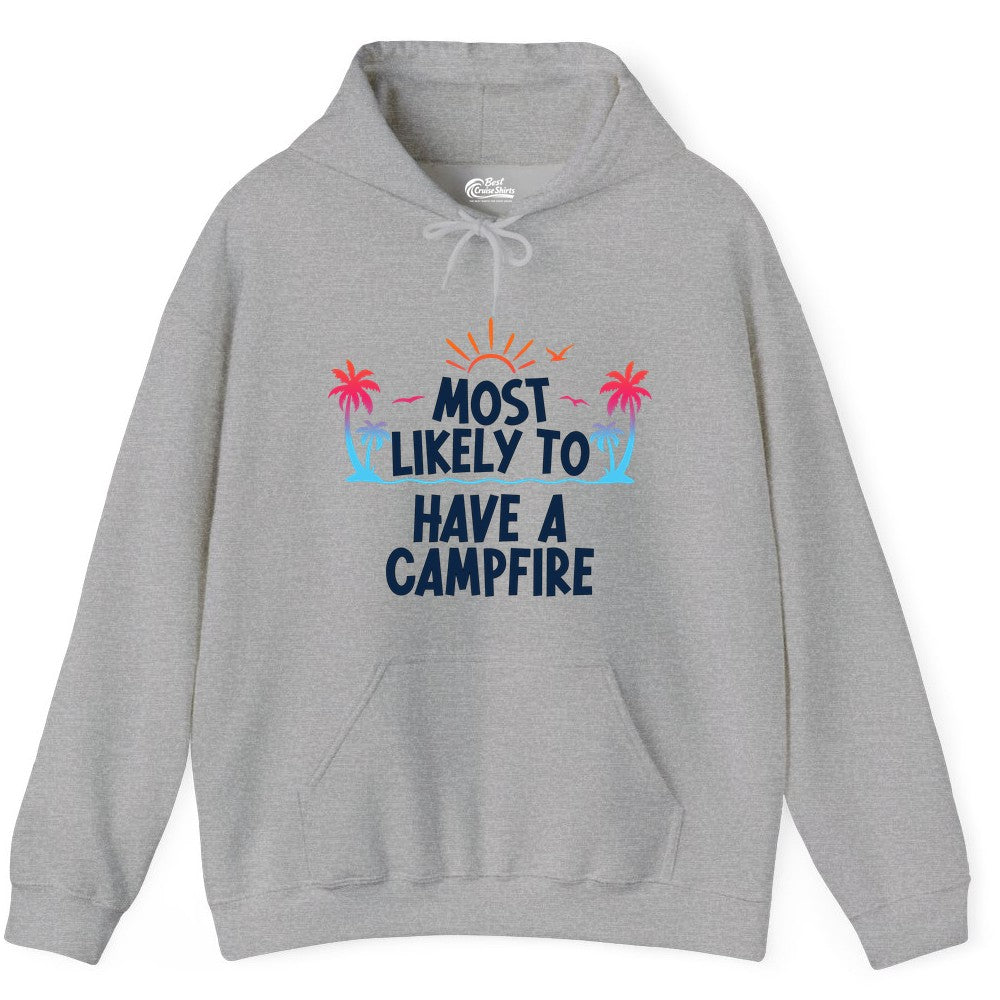 Most Likely to Have a Campfire Shirt - Tropical Camping Tee (Hoodie) in Sport Grey - Most Likely to Have a Campfire Tropical Sunset Palm Trees Shirt