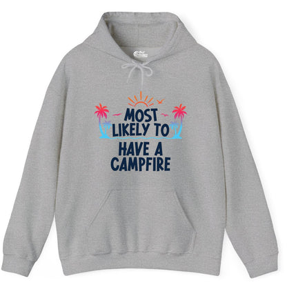 Most Likely to Have a Campfire Shirt - Tropical Camping Tee (Hoodie) in Sport Grey - Most Likely to Have a Campfire Tropical Sunset Palm Trees Shirt