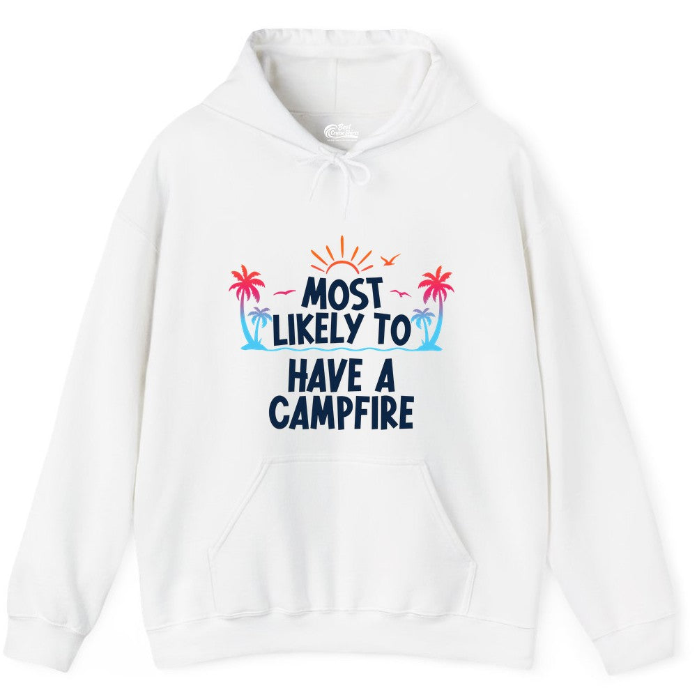 Most Likely to Have a Campfire Shirt - Tropical Camping Tee (Hoodie) in White - Most Likely to Have a Campfire Tropical Sunset Palm Trees Shirt