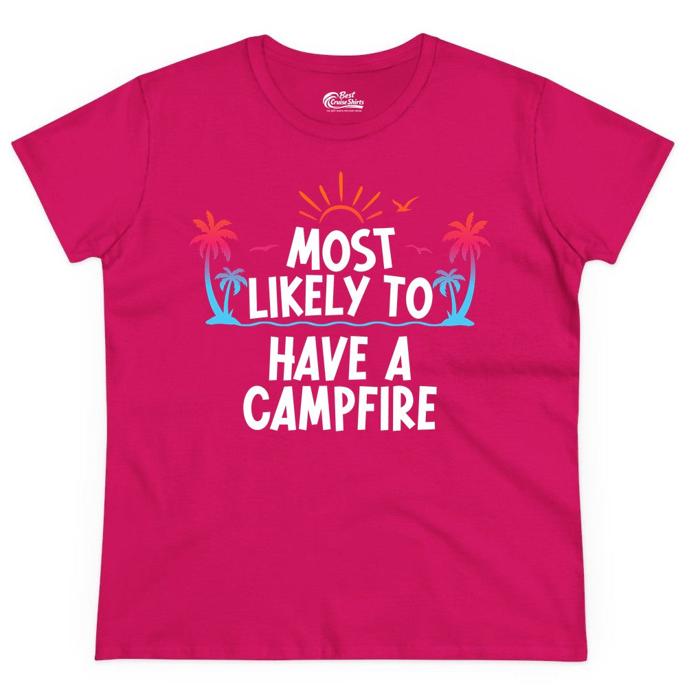 Most Likely to Have a Campfire Shirt - Tropical Camping Tee (Ladies Tee) in Heliconia - Most Likely to Have a Campfire Tropical Sunset Palm Trees Shirt