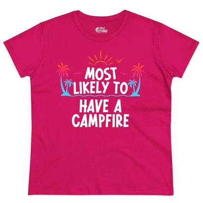 Most Likely to Have a Campfire Shirt - Tropical Camping Tee (Ladies Tee) in Heliconia - Most Likely to Have a Campfire Tropical Sunset Palm Trees Shirt