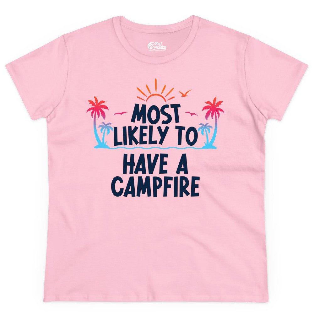Most Likely to Have a Campfire Shirt - Tropical Camping Tee (Ladies Tee) in Light Pink - Most Likely to Have a Campfire Tropical Sunset Palm Trees Shirt