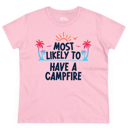 Most Likely to Have a Campfire Shirt - Tropical Camping Tee (Ladies Tee) in Light Pink - Most Likely to Have a Campfire Tropical Sunset Palm Trees Shirt