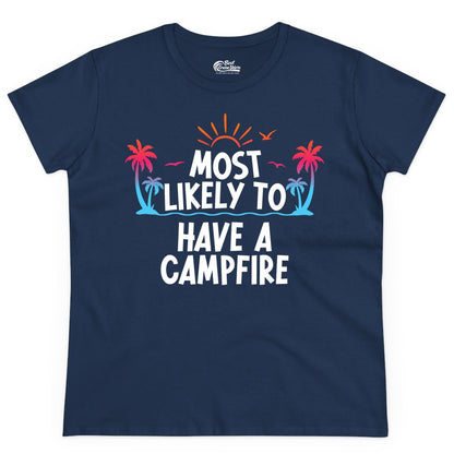 Most Likely to Have a Campfire Shirt - Tropical Camping Tee (Ladies Tee) in Navy - Most Likely to Have a Campfire Tropical Sunset Palm Trees Shirt