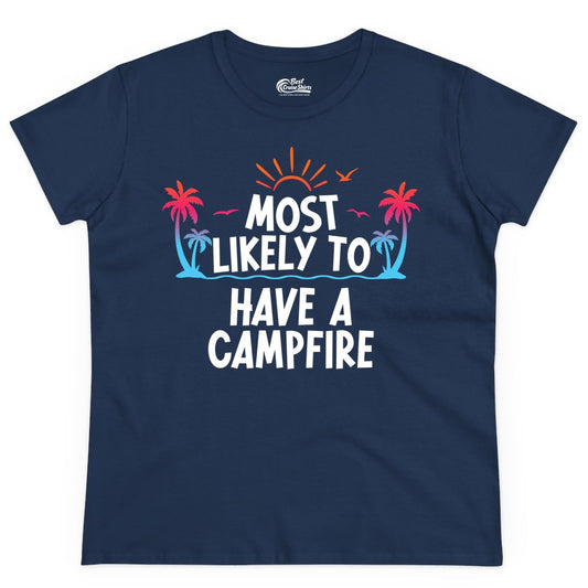 Most Likely to Have a Campfire Shirt - Tropical Camping Tee (Ladies Tee) in Navy - Most Likely to Have a Campfire Tropical Sunset Palm Trees Shirt
