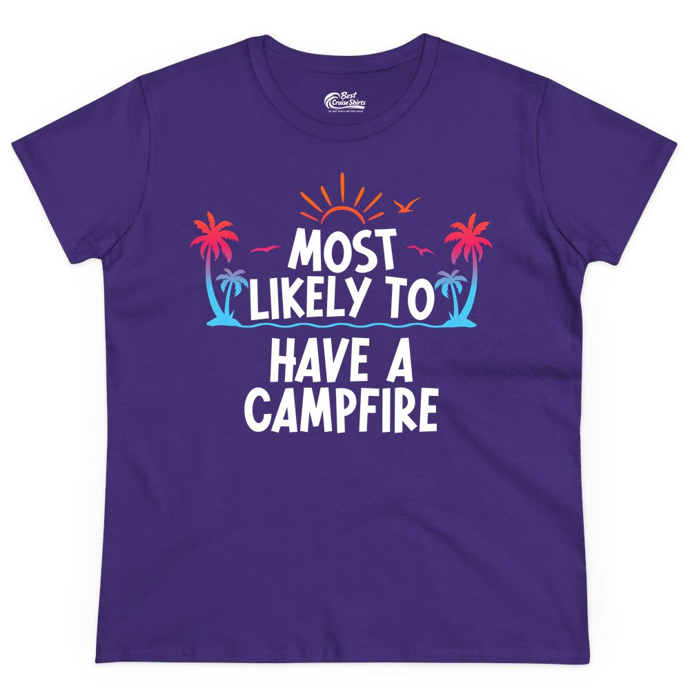 Most Likely to Have a Campfire Shirt - Tropical Camping Tee (Ladies Tee) in Purple - Most Likely to Have a Campfire Tropical Sunset Palm Trees Shirt
