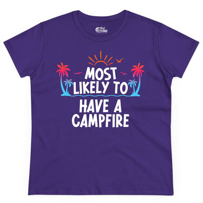 Most Likely to Have a Campfire Shirt - Tropical Camping Tee (Ladies Tee) in Purple - Most Likely to Have a Campfire Tropical Sunset Palm Trees Shirt