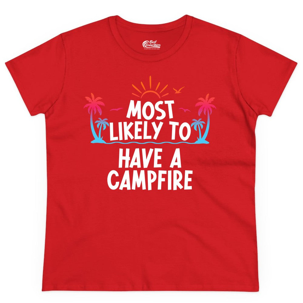 Most Likely to Have a Campfire Shirt - Tropical Camping Tee (Ladies Tee) in Red - Most Likely to Have a Campfire Tropical Sunset Palm Trees Shirt