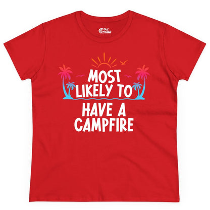 Most Likely to Have a Campfire Shirt - Tropical Camping Tee (Ladies Tee) in Red - Most Likely to Have a Campfire Tropical Sunset Palm Trees Shirt