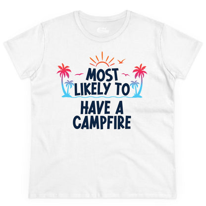Most Likely to Have a Campfire Shirt - Tropical Camping Tee (Ladies Tee) in White - Most Likely to Have a Campfire Tropical Sunset Palm Trees Shirt