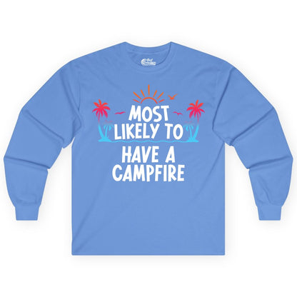 Most Likely to Have a Campfire Shirt - Tropical Camping Tee (Long Sleeve) in Carolina Blue - Most Likely to Have a Campfire Tropical Sunset Palm Trees Shirt