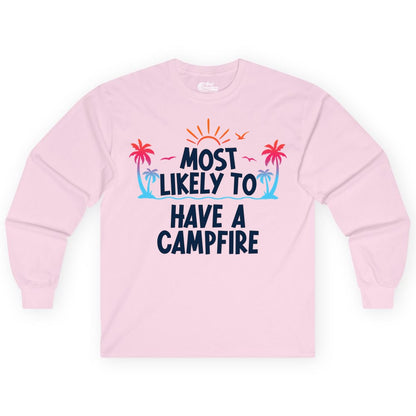 Most Likely to Have a Campfire Shirt - Tropical Camping Tee (Long Sleeve) in Light Pink - Most Likely to Have a Campfire Tropical Sunset Palm Trees Shirt