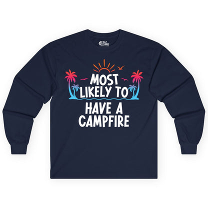 Most Likely to Have a Campfire Shirt - Tropical Camping Tee (Long Sleeve) in Navy - Most Likely to Have a Campfire Tropical Sunset Palm Trees Shirt