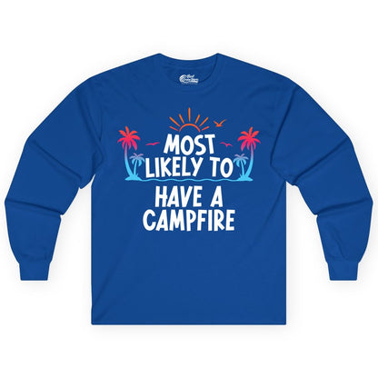 Most Likely to Have a Campfire Shirt - Tropical Camping Tee (Long Sleeve) in Royal - Most Likely to Have a Campfire Tropical Sunset Palm Trees Shirt