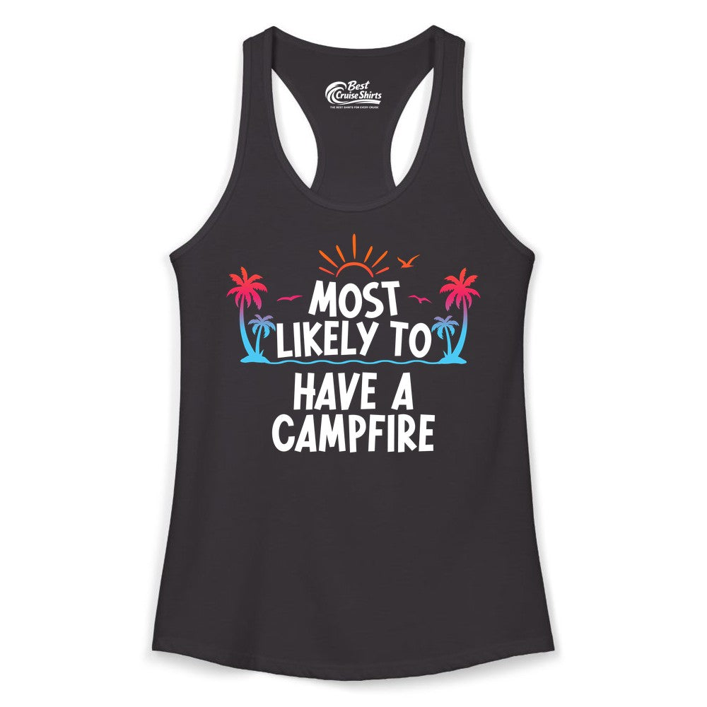 Most Likely to Have a Campfire Shirt - Tropical Camping Tee (Ladies Tank) in Black - Most Likely to Have a Campfire Tropical Sunset Palm Trees Shirt