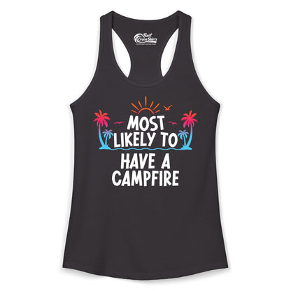 Most Likely to Have a Campfire Shirt - Tropical Camping Tee (Ladies Tank) in Black - Most Likely to Have a Campfire Tropical Sunset Palm Trees Shirt
