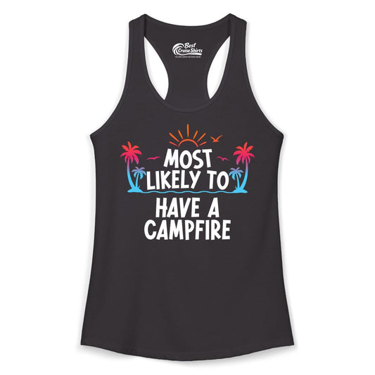 Most Likely to Have a Campfire Shirt - Tropical Camping Tee (Ladies Tank) in Black - Most Likely to Have a Campfire Tropical Sunset Palm Trees Shirt