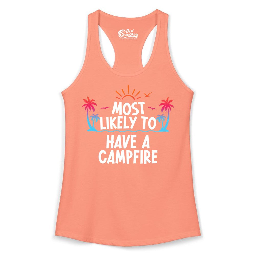 Most Likely to Have a Campfire Shirt - Tropical Camping Tee (Ladies Tank) in Solid Light Orange - Most Likely to Have a Campfire Tropical Sunset Palm Trees Shirt