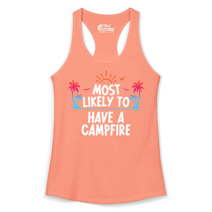 Most Likely to Have a Campfire Shirt - Tropical Camping Tee (Ladies Tank) in Solid Light Orange - Most Likely to Have a Campfire Tropical Sunset Palm Trees Shirt