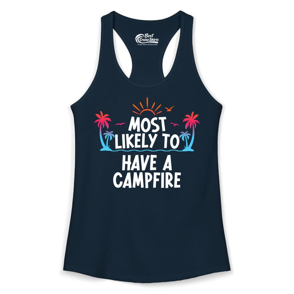 Most Likely to Have a Campfire Shirt - Tropical Camping Tee (Ladies Tank) in Solid Midnight Navy - Most Likely to Have a Campfire Tropical Sunset Palm Trees Shirt