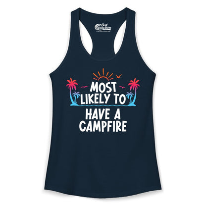 Most Likely to Have a Campfire Shirt - Tropical Camping Tee (Ladies Tank) in Solid Midnight Navy - Most Likely to Have a Campfire Tropical Sunset Palm Trees Shirt