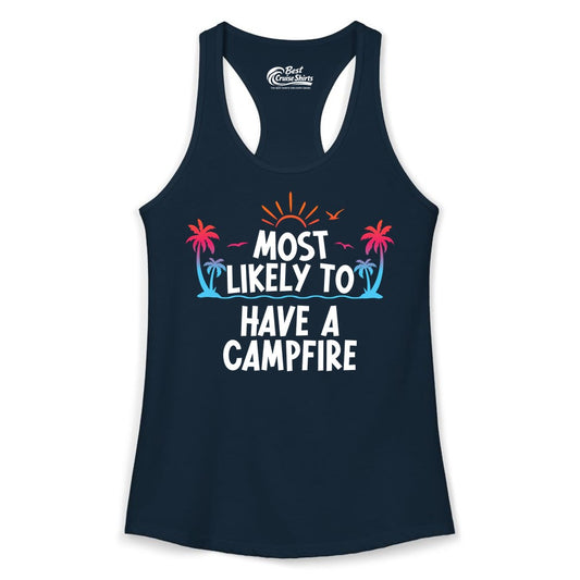 Most Likely to Have a Campfire Shirt - Tropical Camping Tee (Ladies Tank) in Solid Midnight Navy - Most Likely to Have a Campfire Tropical Sunset Palm Trees Shirt