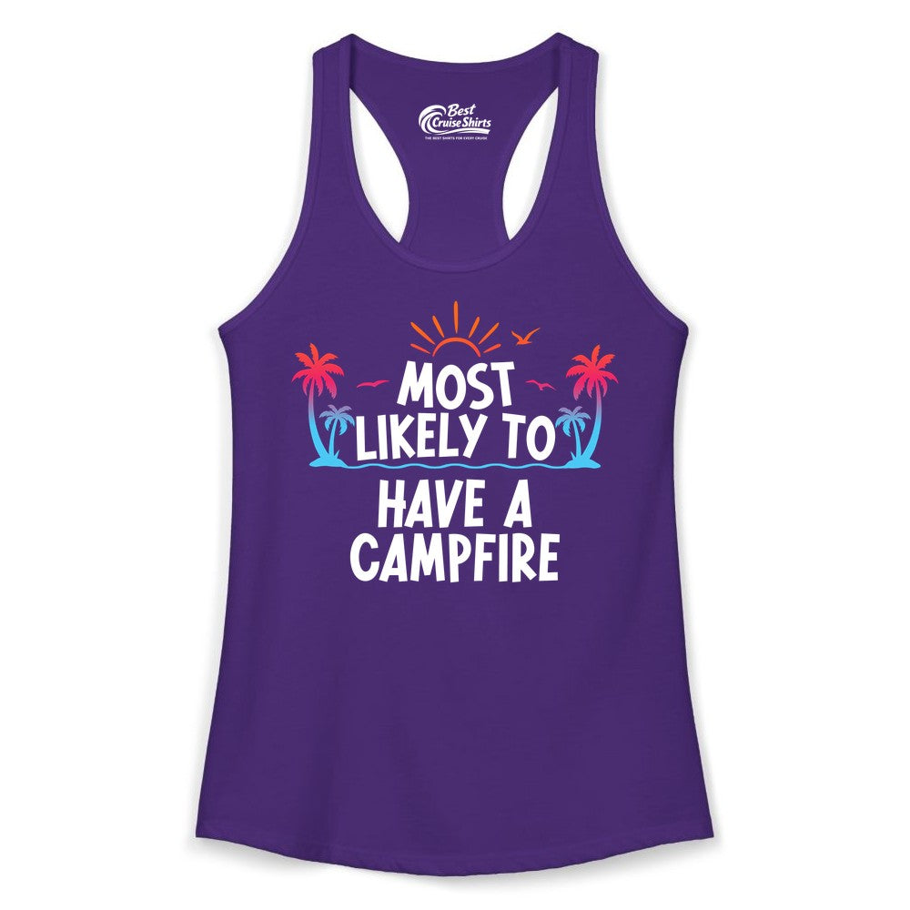 Most Likely to Have a Campfire Shirt - Tropical Camping Tee (Ladies Tank) in Solid Purple Rush - Most Likely to Have a Campfire Tropical Sunset Palm Trees Shirt